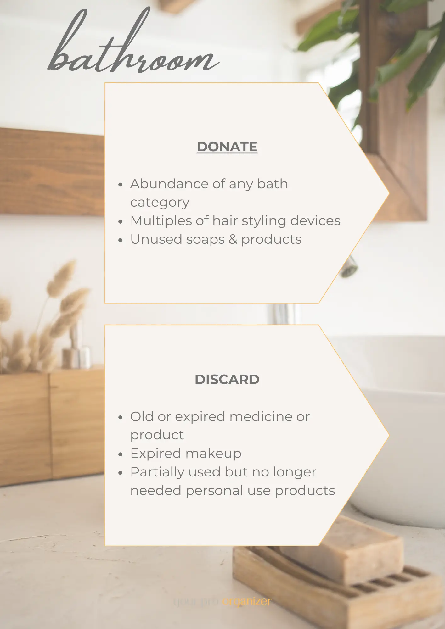 Bathroom donate-or-discard guide: donate surplus bath products, duplicate hair styling devices and unused soaps; discard expired medicine and makeup and part-used personal products