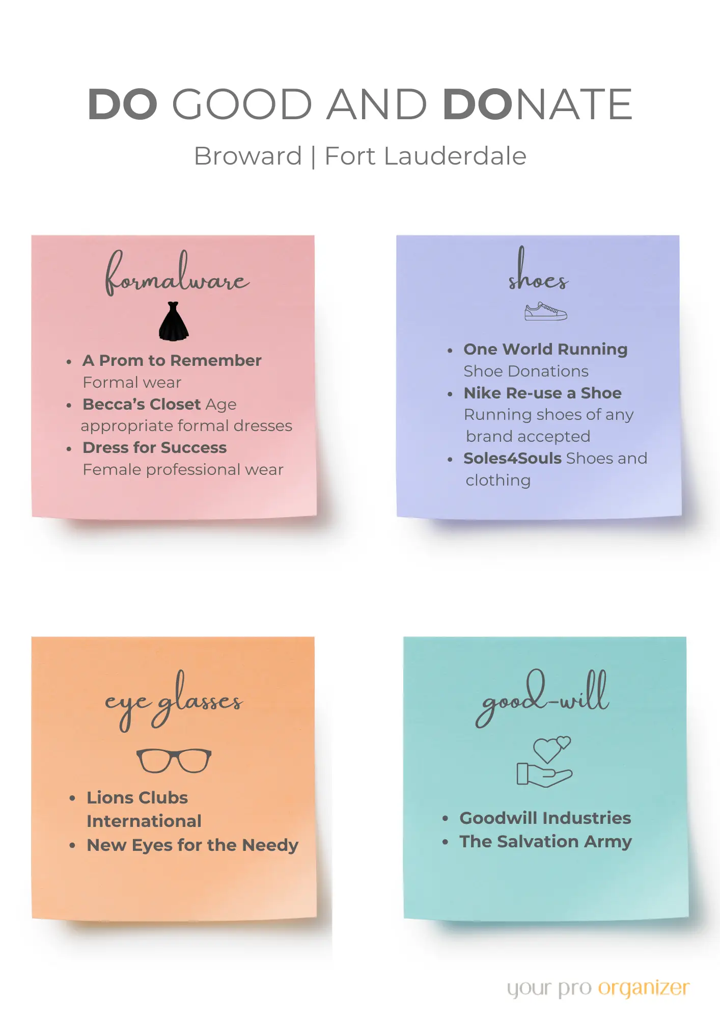 A directory of Broward and Fort Lauderdale donation organisations grouped by formalware, shoes, eyeglasses and general goods