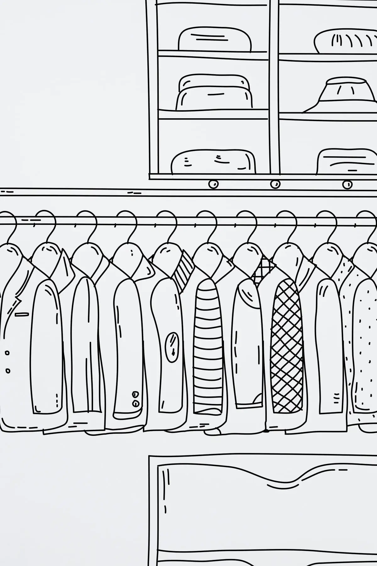 An illustrated wardrobe with evenly spaced jackets on a hanging rail, folded items on the shelves above and drawers below